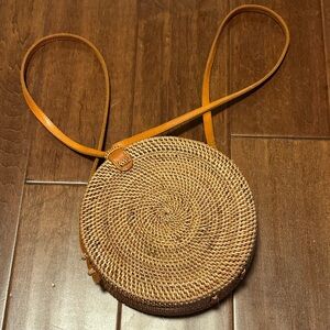 Round Woven Tan Crossbody Bag